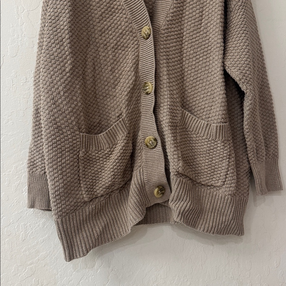 Aerie Tan Brown Chunky Knit Oversize Varsity Cardigan Button Up M - Picture 6 of 8